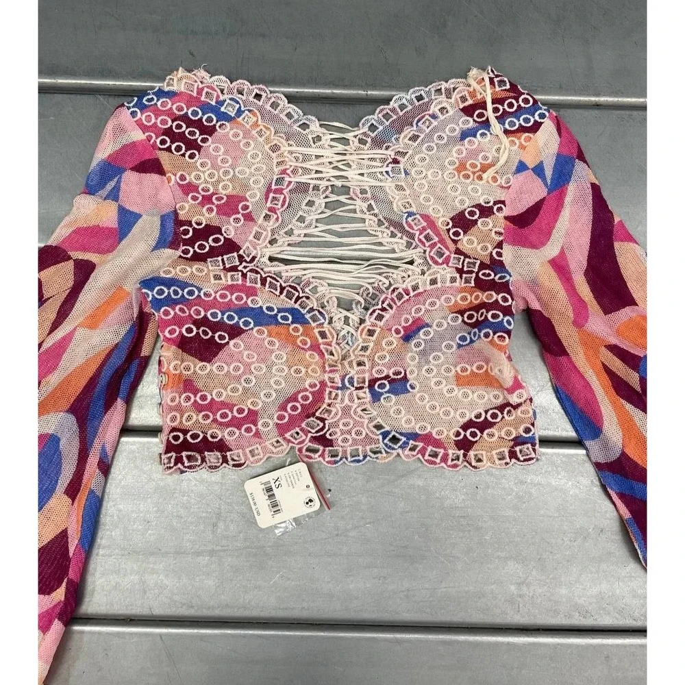 Free People Multicolor Crochet Sequin Bell Sleeve Crop Top